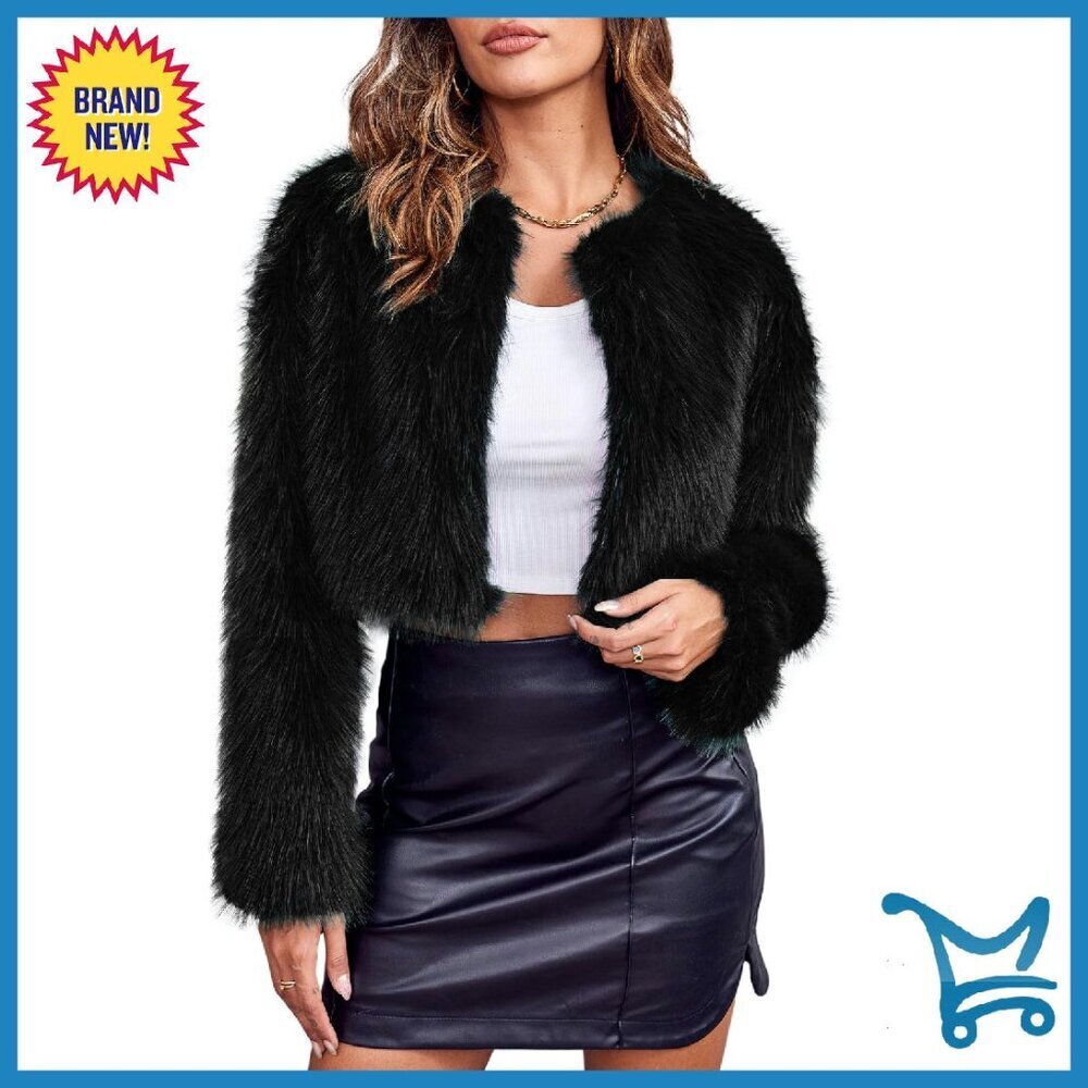 Cropped Faux Fur Jacket Open Front Cardigan Fluffy Parka Women's